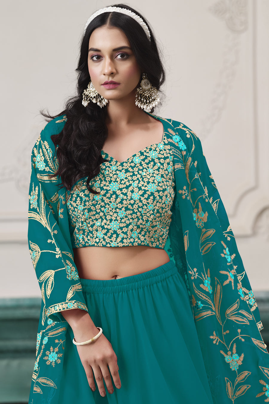 Teal Georgette Palazzo with Choli & Jacket For Wedding & Indian Festival - Embroidery Work