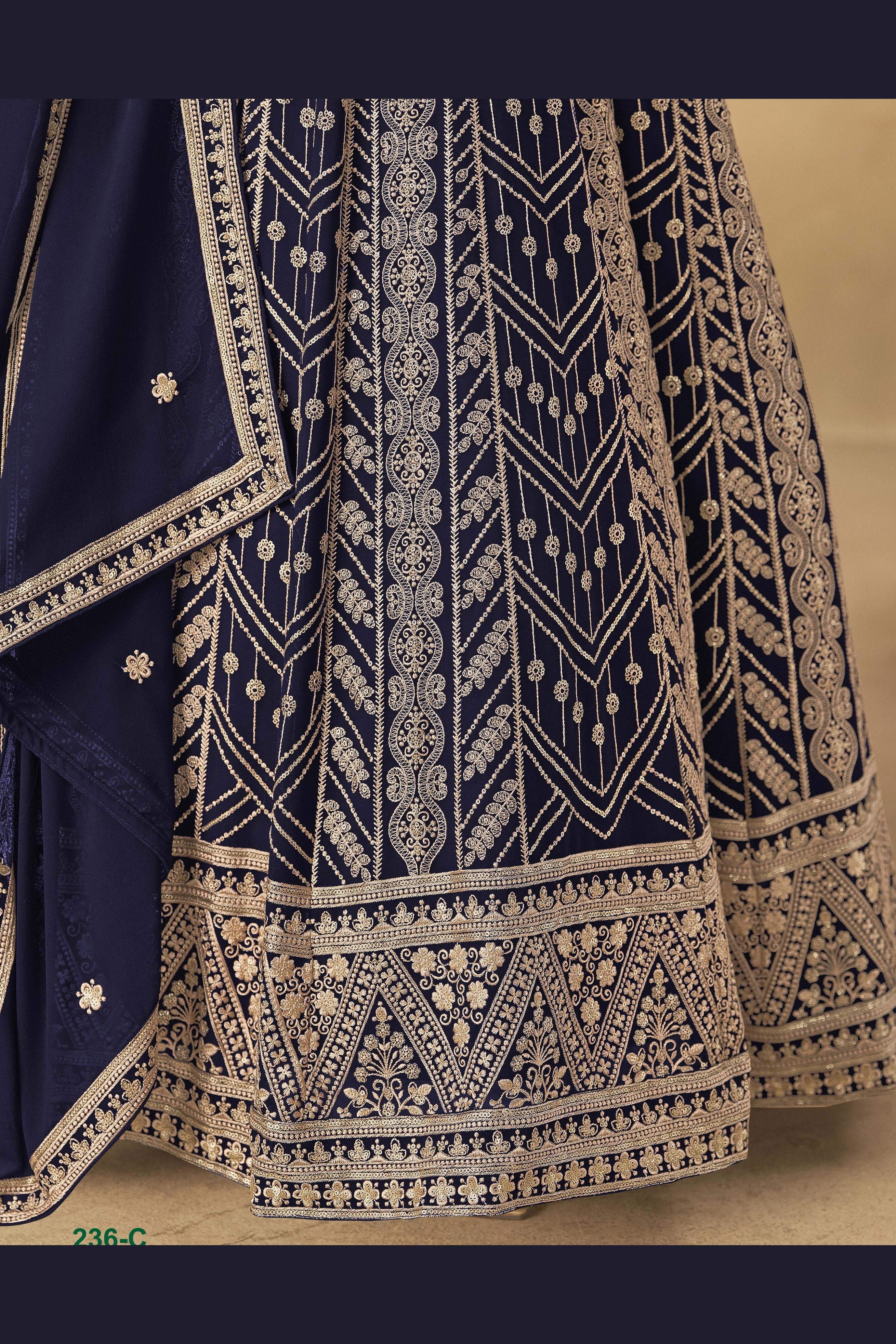 Navy Blue Georgette Anarkali Suit For Indian & Pakistani Wedding Festival - Thread & Sequins Embroidery Work