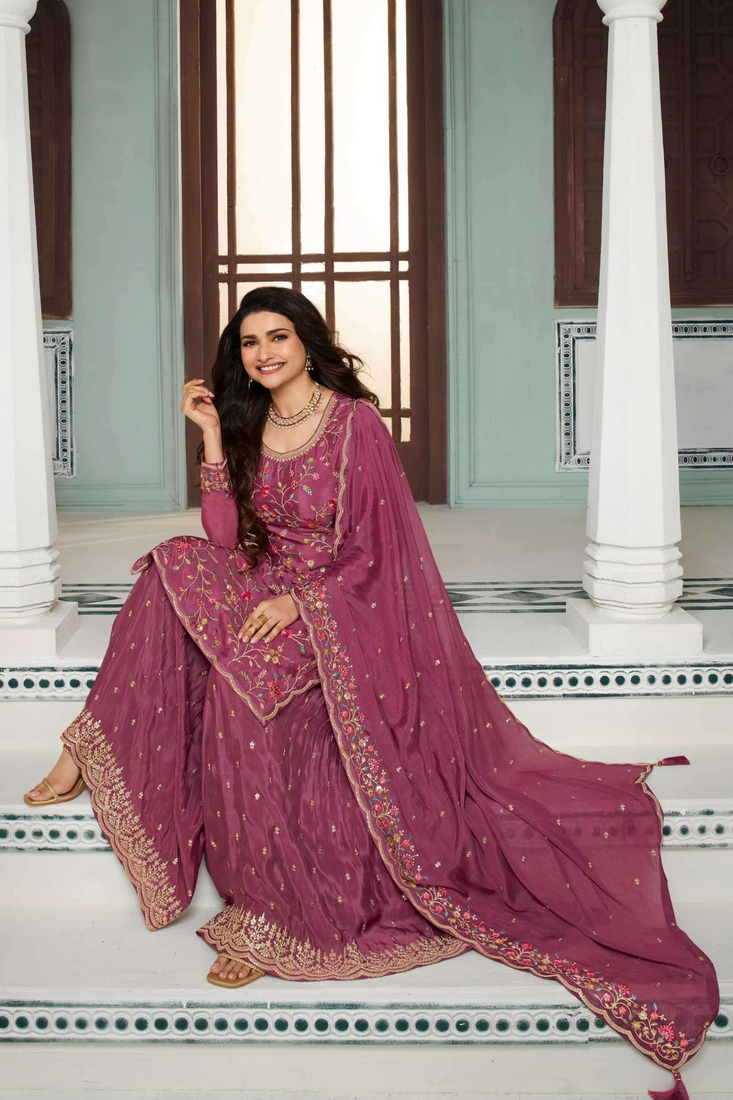 Maroon Chinon Silk Floral Plazo Suit For Indian Festivals & Pakistani Weddings Dress - Embroidery Work