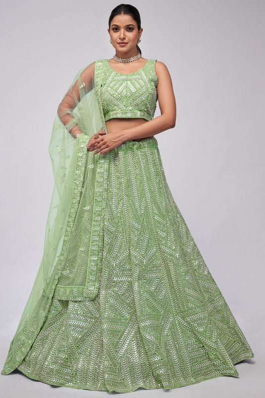 Green Soft Net Lehenga Choli For Indian Festivals & Weddings - Sequins Work, Dori Work, Zarkan Work