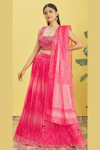 Pink Slub Silk Lehenga Choli For Indian & Pakistani Wedding Festival - Sequins & Thread Embroidery Work, Zari Work, Print Work, Real Mirror Work