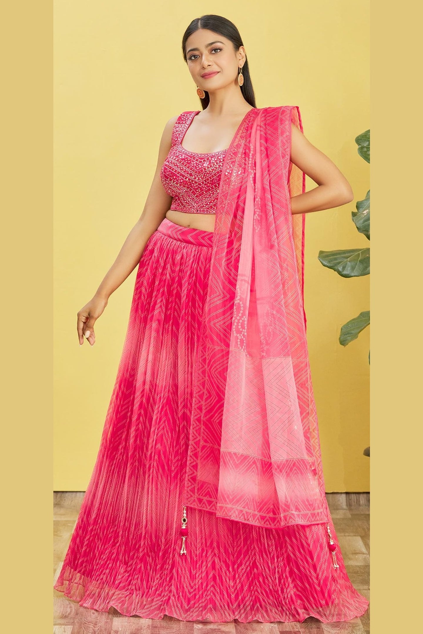 Pink Slub Silk Lehenga Choli For Indian & Pakistani Wedding Festival - Sequins & Thread Embroidery Work, Zari Work, Print Work, Real Mirror Work