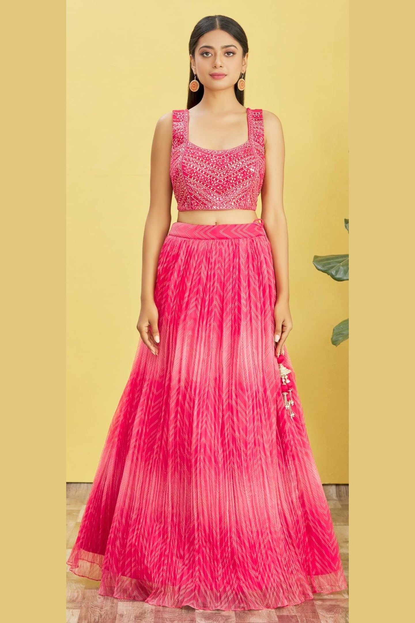 Pink Slub Silk Lehenga Choli For Indian & Pakistani Wedding Festival - Sequins & Thread Embroidery Work, Zari Work, Print Work, Real Mirror Work