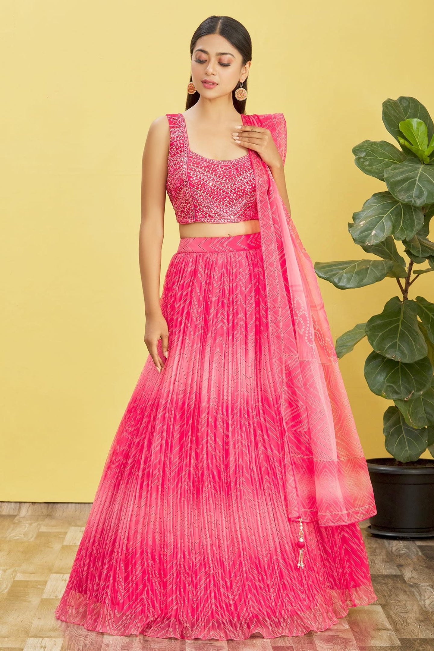 Pink Slub Silk Lehenga Choli For Indian & Pakistani Wedding Festival - Sequins & Thread Embroidery Work, Zari Work, Print Work, Real Mirror Work