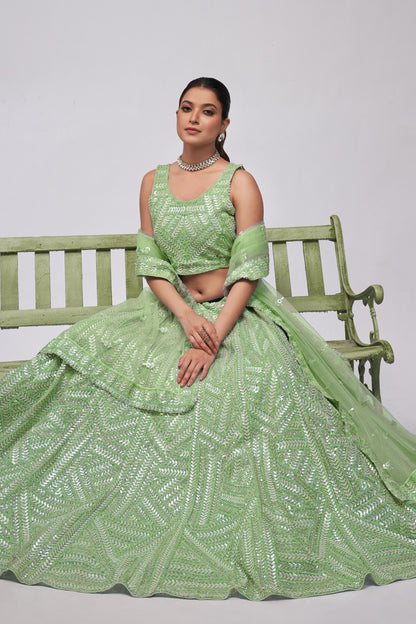 Green Soft Net Lehenga Choli For Indian Festivals & Weddings - Sequins Work, Dori Work, Zarkan Work