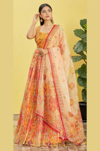 Orange Slub Silk Lehenga Choli For Indian & Pakistani Wedding Festival - Sequins & Thread Embroidery Work, Zari Work, Print Work, Real Mirror Work