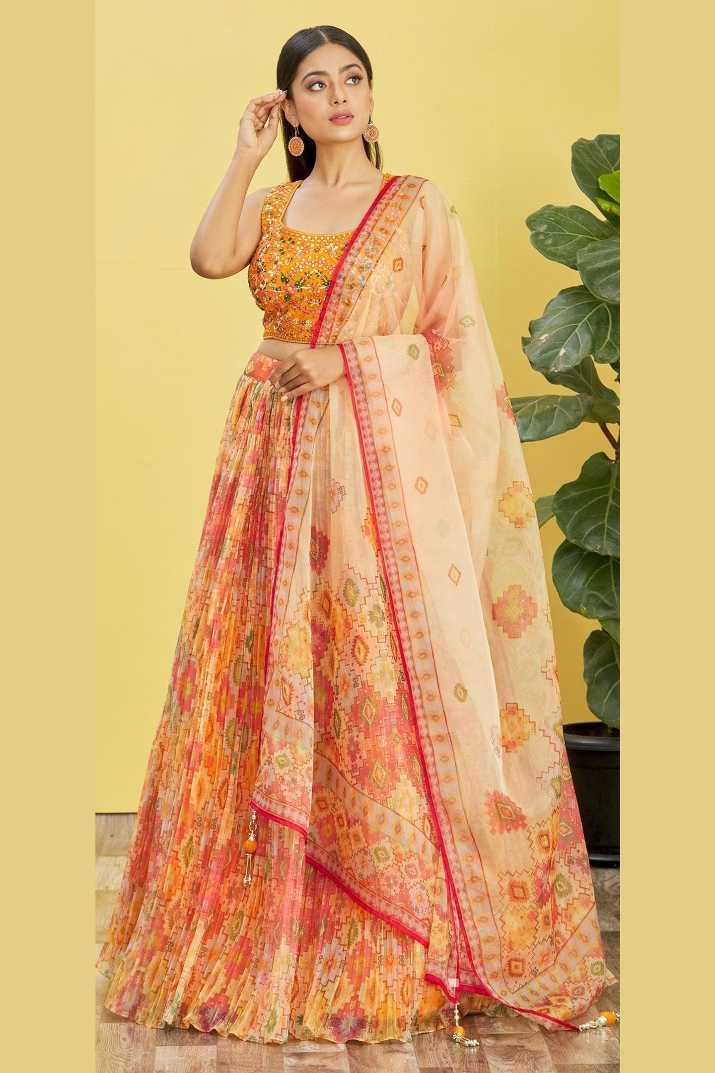 Orange Slub Silk Lehenga Choli For Indian & Pakistani Wedding Festival - Sequins & Thread Embroidery Work, Zari Work, Print Work, Real Mirror Work