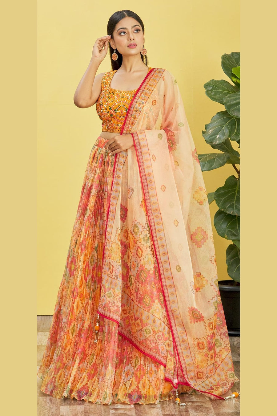 Orange Slub Silk Lehenga Choli For Indian & Pakistani Wedding Festival - Sequins & Thread Embroidery Work, Zari Work, Print Work, Real Mirror Work