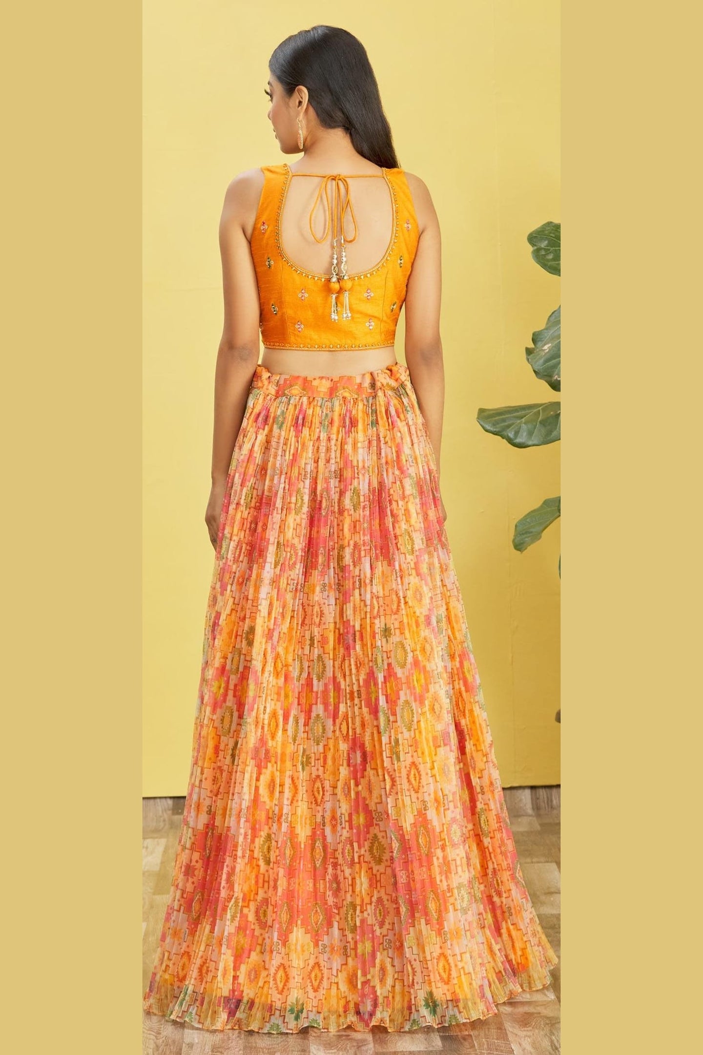 Orange Slub Silk Lehenga Choli For Indian & Pakistani Wedding Festival - Sequins & Thread Embroidery Work, Zari Work, Print Work, Real Mirror Work