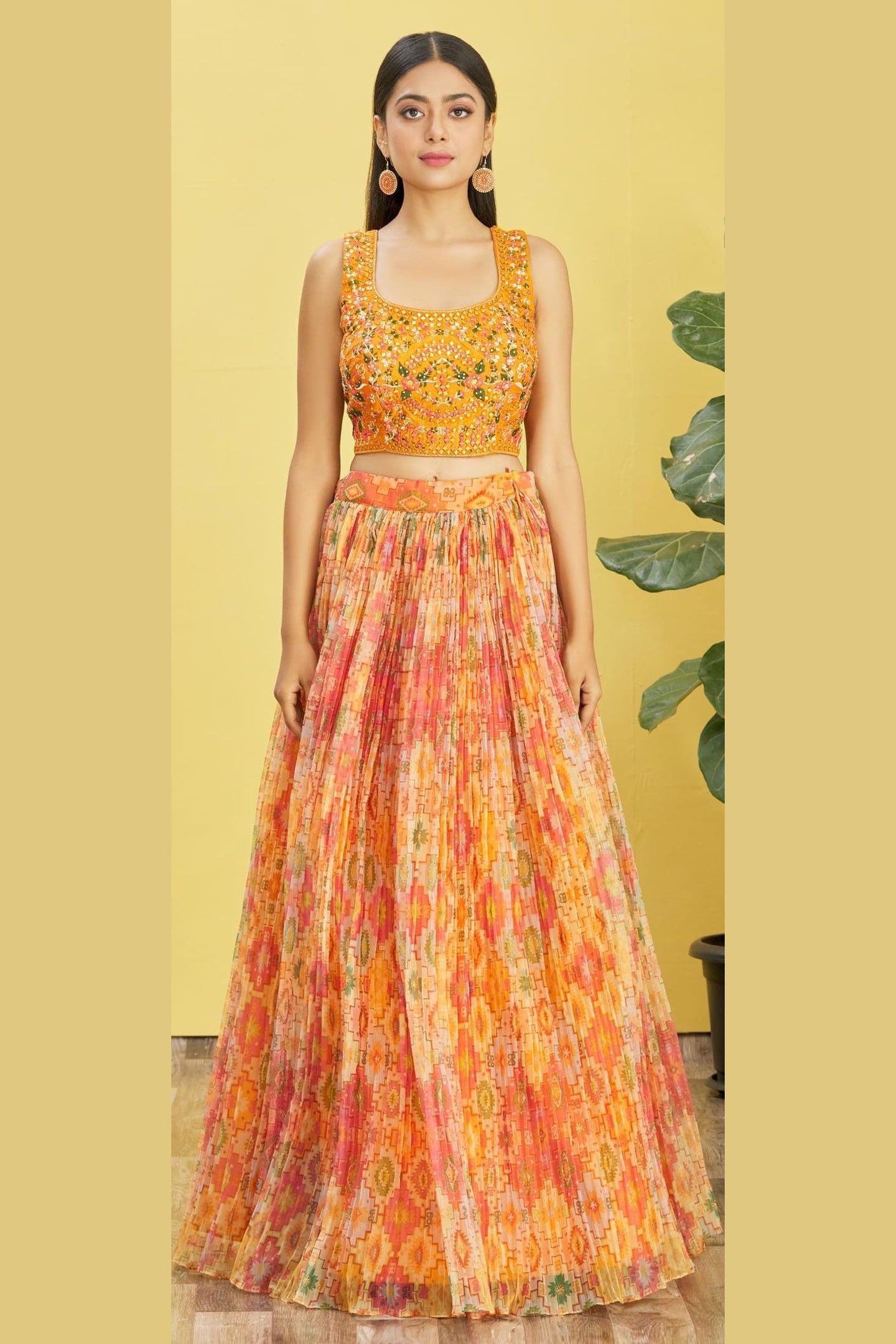 Orange Slub Silk Lehenga Choli For Indian & Pakistani Wedding Festival - Sequins & Thread Embroidery Work, Zari Work, Print Work, Real Mirror Work