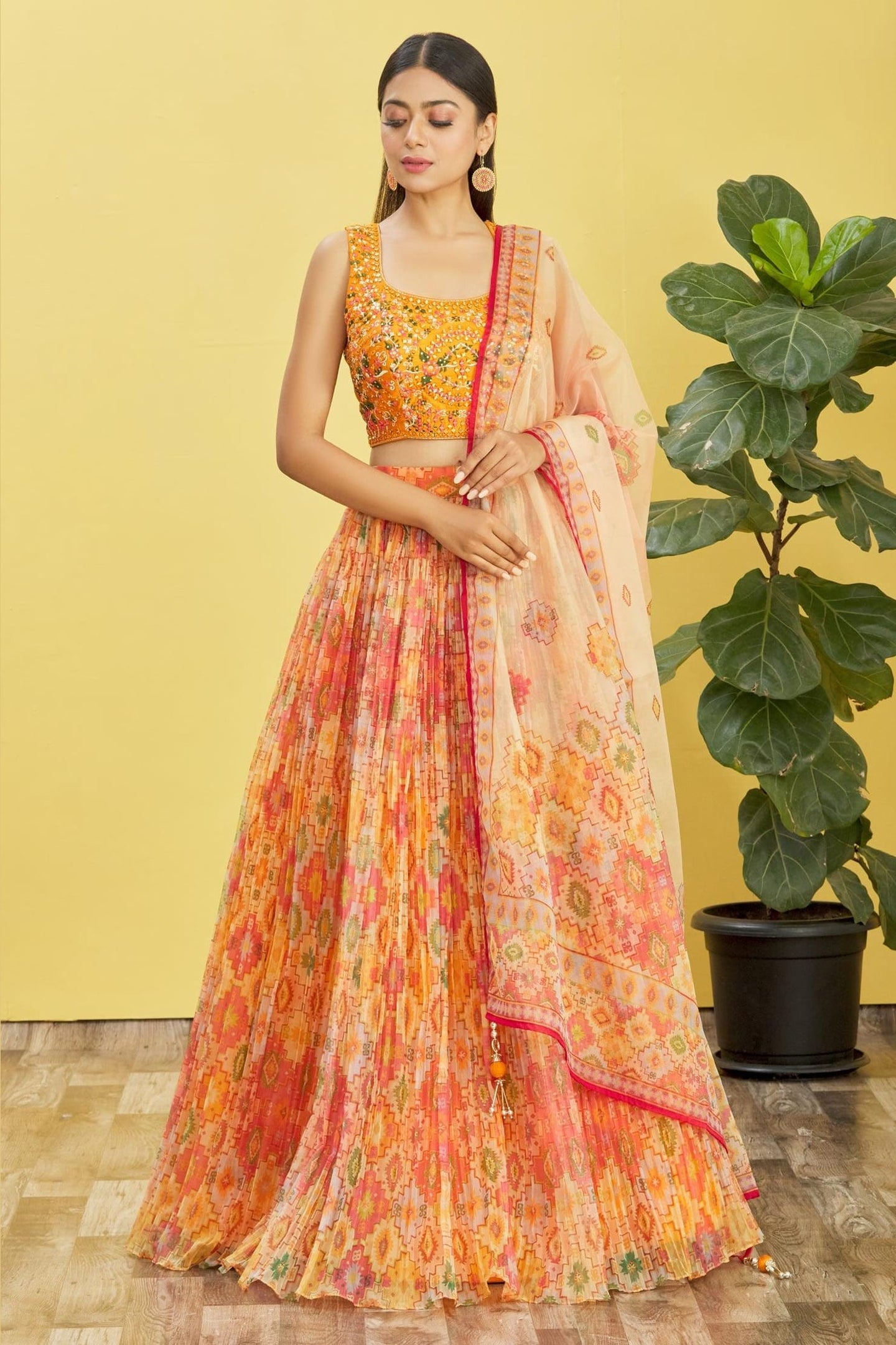 Orange Slub Silk Lehenga Choli For Indian & Pakistani Wedding Festival - Sequins & Thread Embroidery Work, Zari Work, Print Work, Real Mirror Work