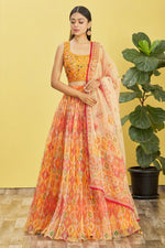 Orange Slub Silk Lehenga Choli For Indian & Pakistani Wedding Festival - Sequins & Thread Embroidery Work, Zari Work, Print Work, Real Mirror Work