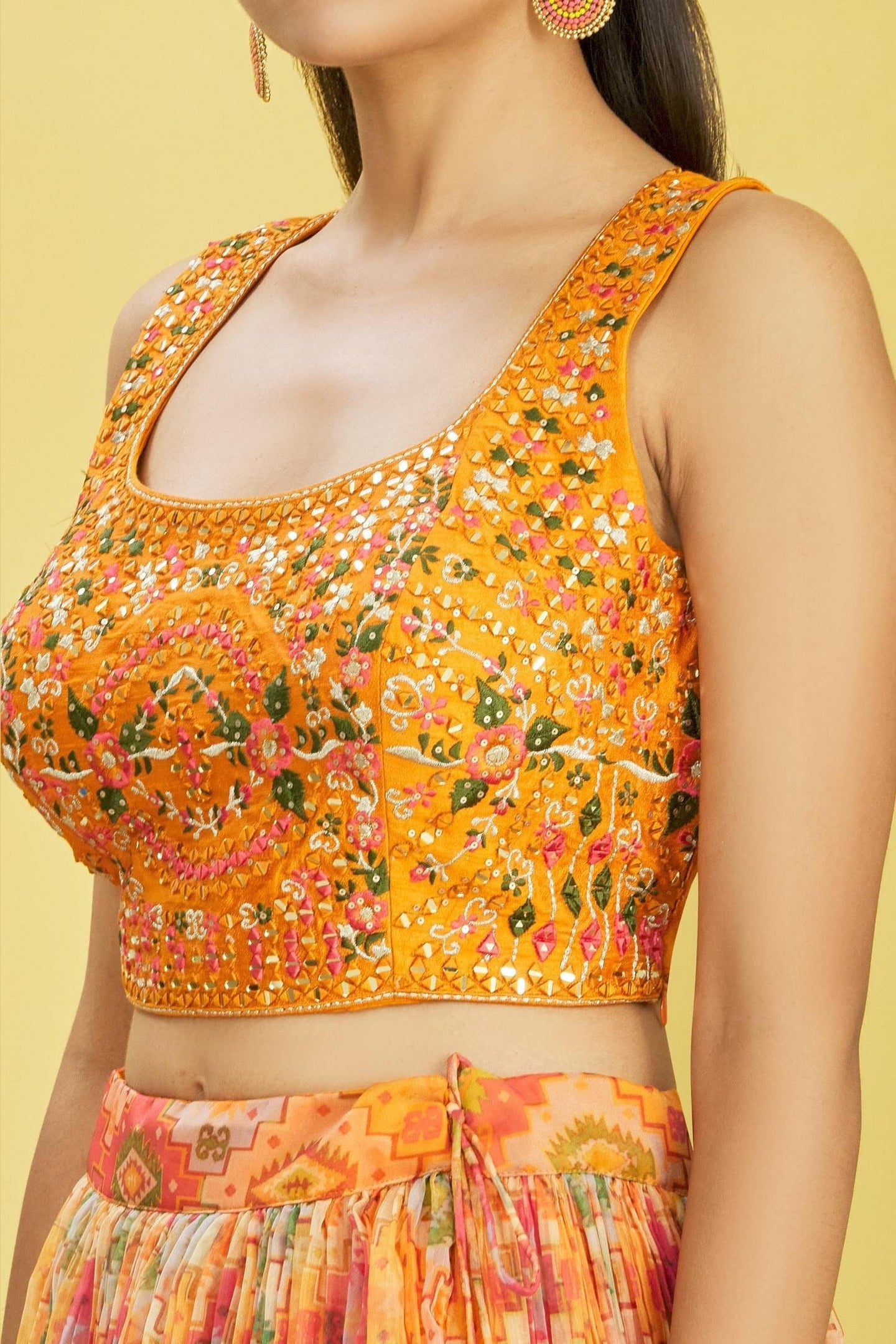 Orange Slub Silk Lehenga Choli For Indian & Pakistani Wedding Festival - Sequins & Thread Embroidery Work, Zari Work, Print Work, Real Mirror Work
