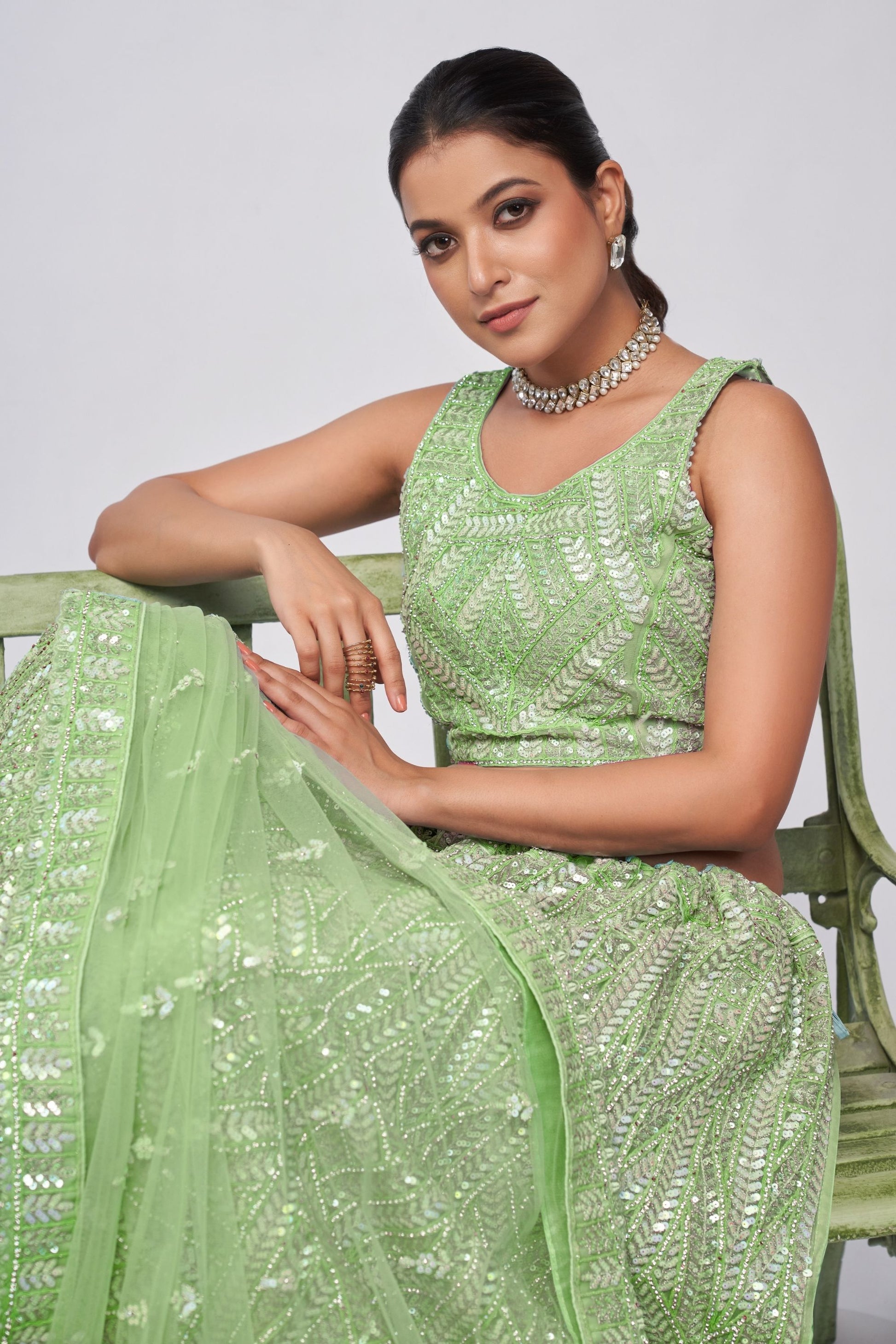 Green Soft Net Lehenga Choli For Indian Festivals & Weddings - Sequins Work, Dori Work, Zarkan Work