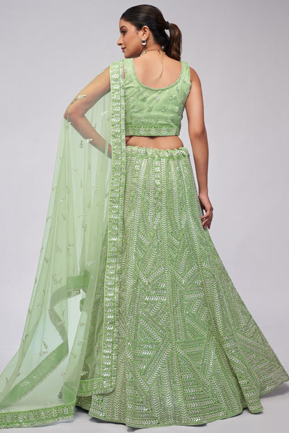 Green Soft Net Lehenga Choli For Indian Festivals & Weddings - Sequins Work, Dori Work, Zarkan Work