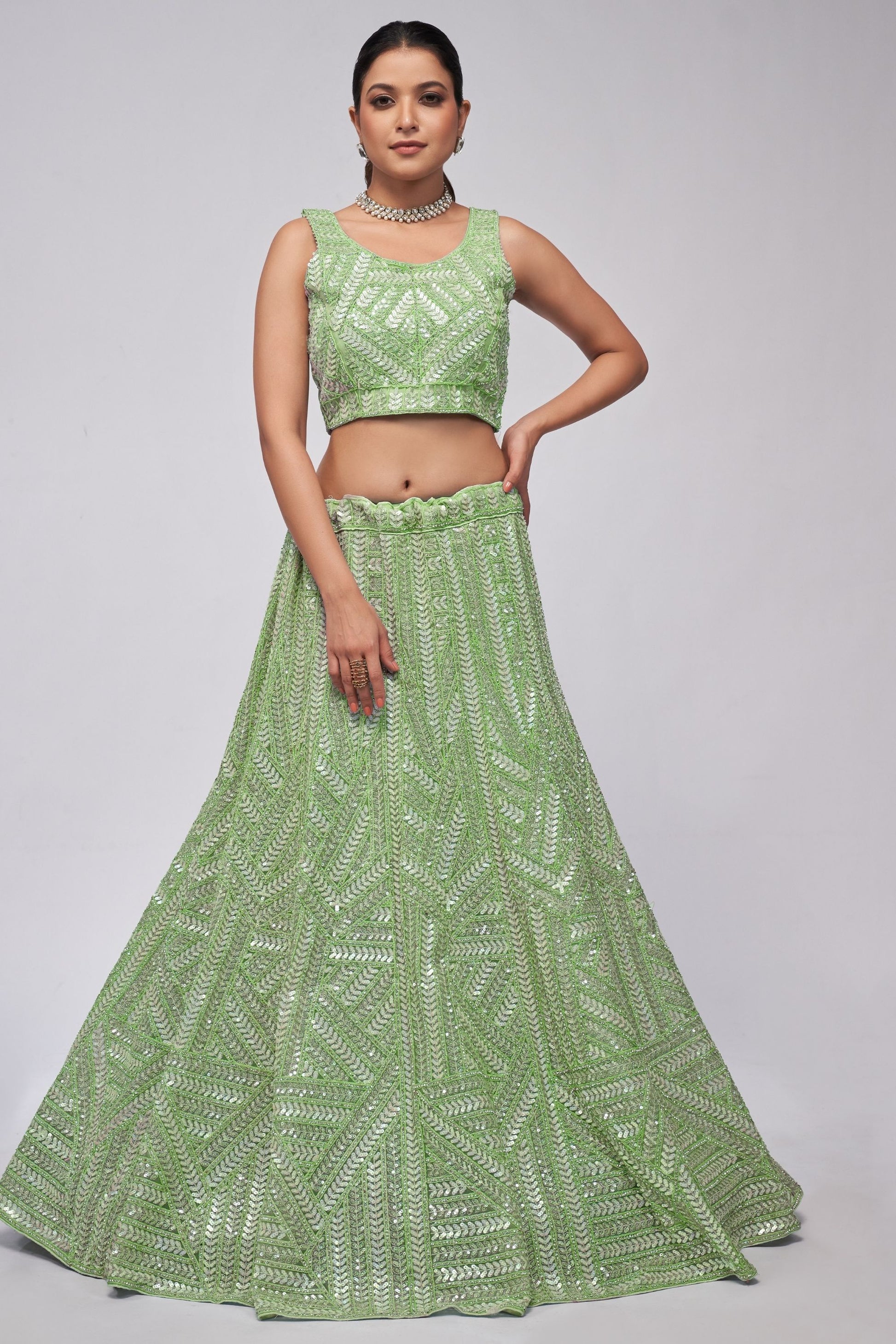 Green Soft Net Lehenga Choli For Indian Festivals & Weddings - Sequins Work, Dori Work, Zarkan Work