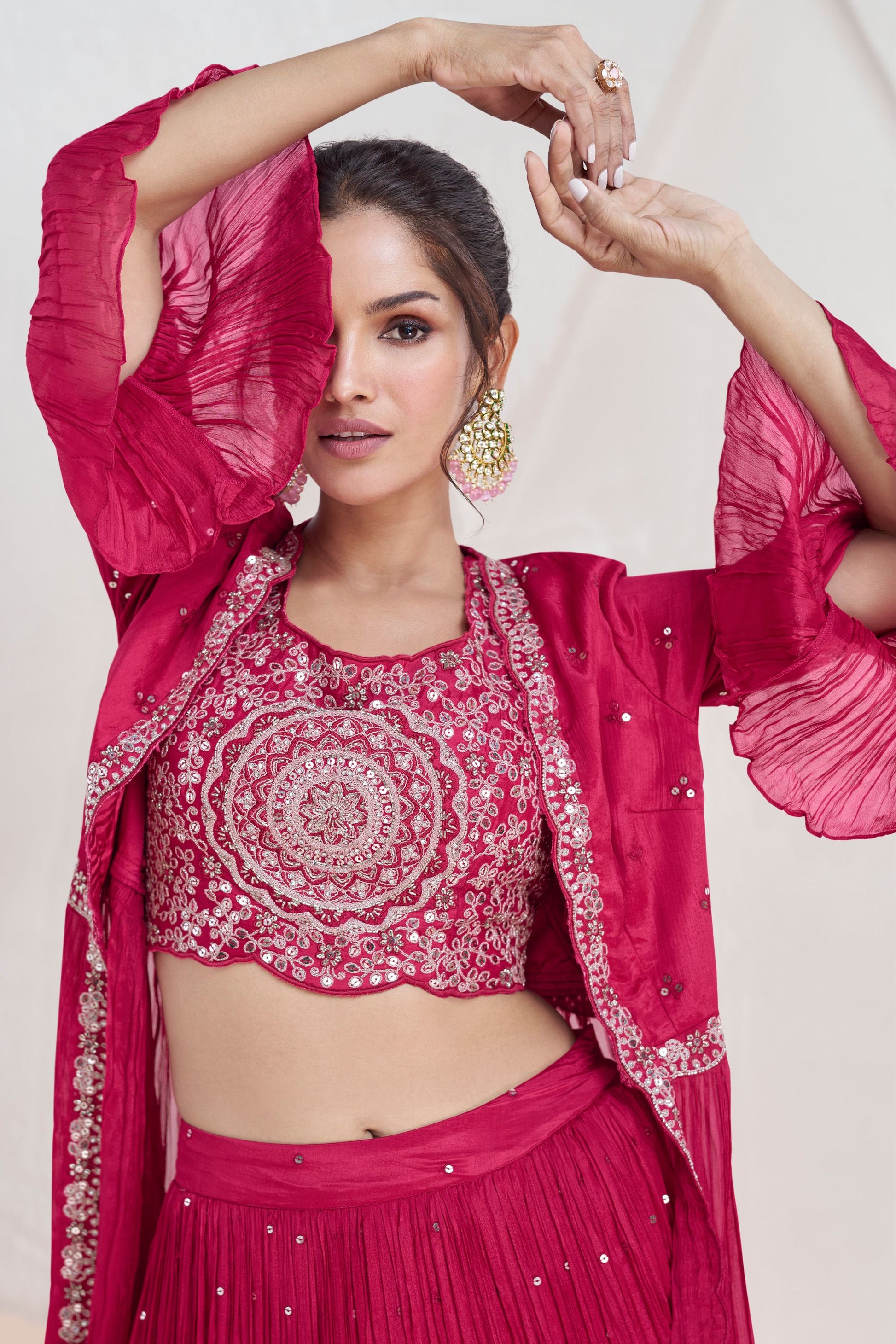 Reddish Pink Georgette Lehenga Choli with Koti For Wedding & Indian Festival - Embroidery Work