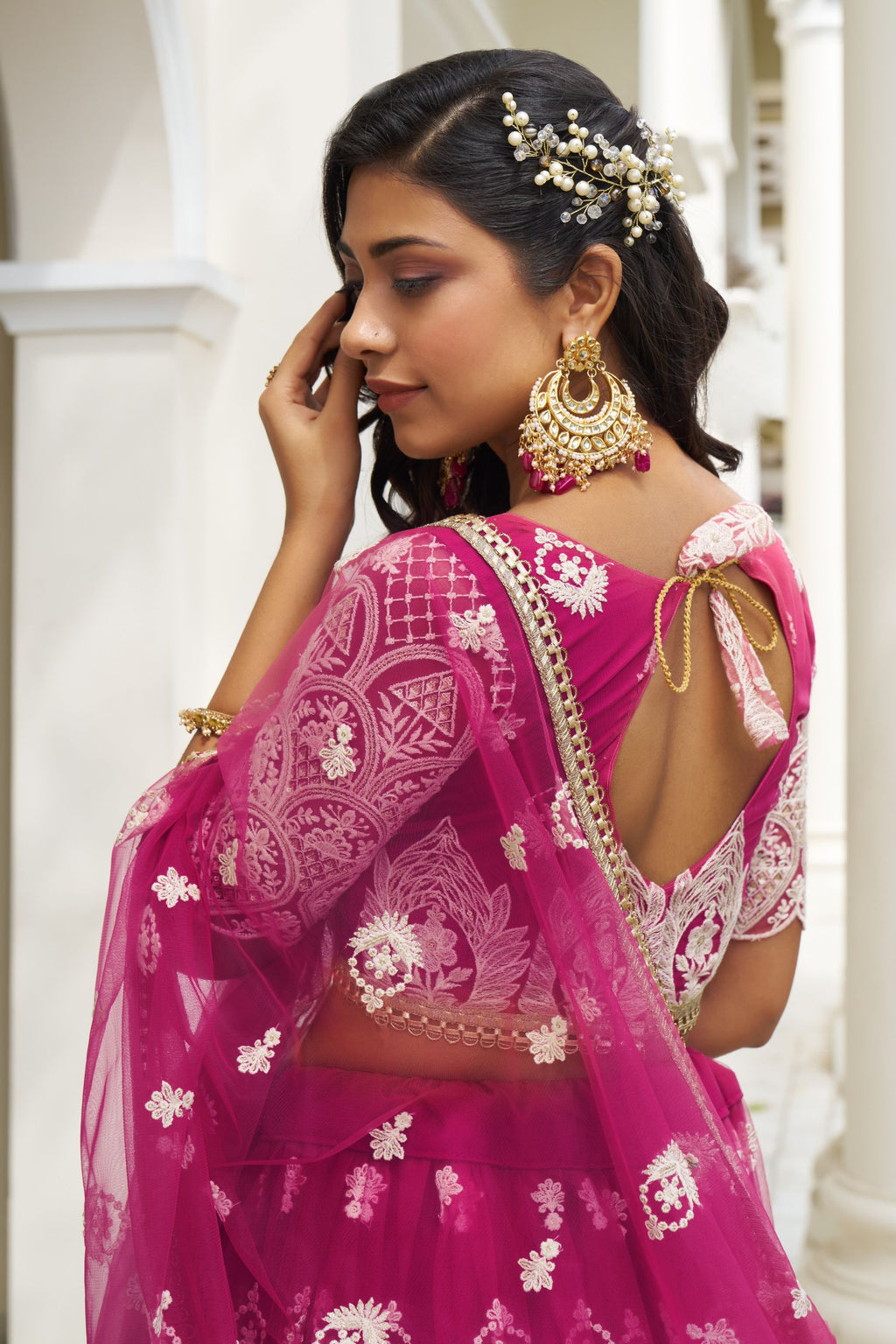 Pink Net Embroidered Lehenga Choli For Indian Festival & Weddings - Thread Embroidery Work, Sequence Embroidery Work