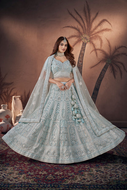 Sky Blue Georgette Lehenga Choli For Indian Festivals & Wedding - Zarkan Work, Sequence Embroidery Work, Thread Embroidery Work