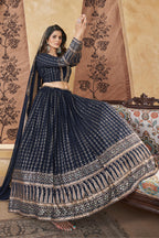 Navy Blue Georgette Lehenga Choli For Indian Festivals & Weddings - Thread Embroidery Work, Foil Mirror Work