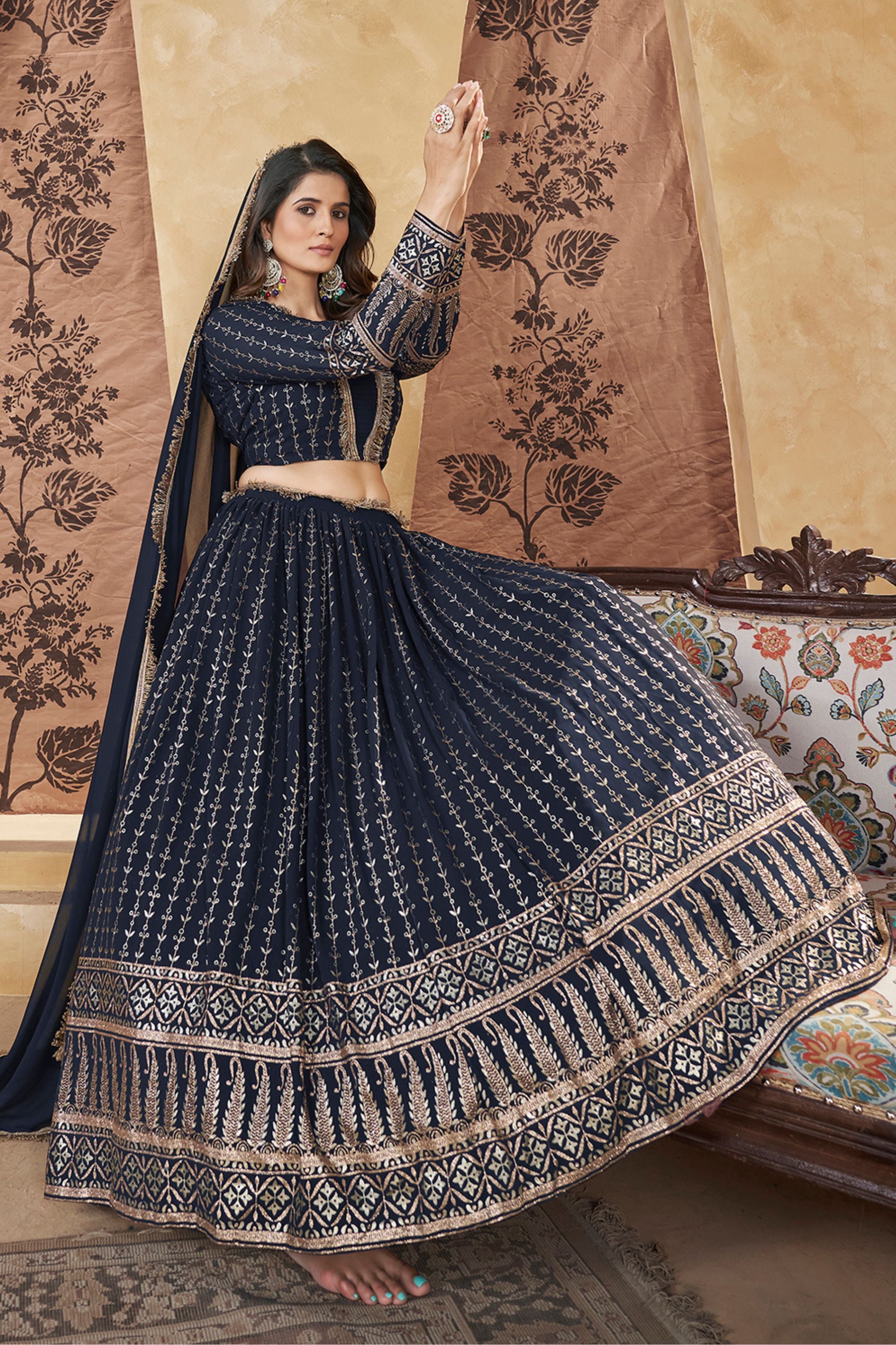 Navy Blue Georgette Lehenga Choli For Indian Festivals & Weddings - Thread Embroidery Work, Foil Mirror Work