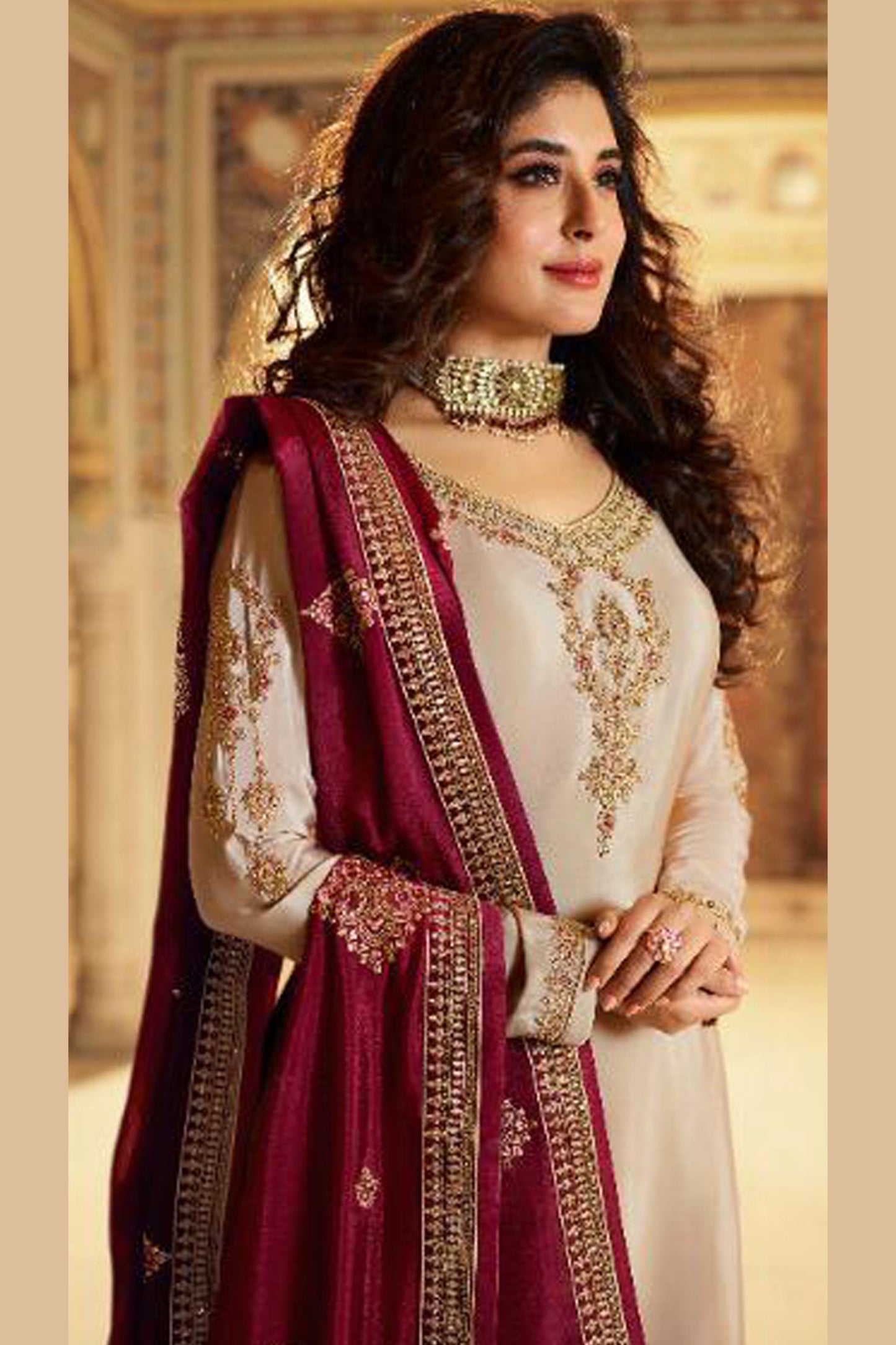 Beige Satin Kameez with Plazzo Suit For Indian Festivals & Pakistani Weddings - Thread Embroidery Work, Sequence Embroidery Work