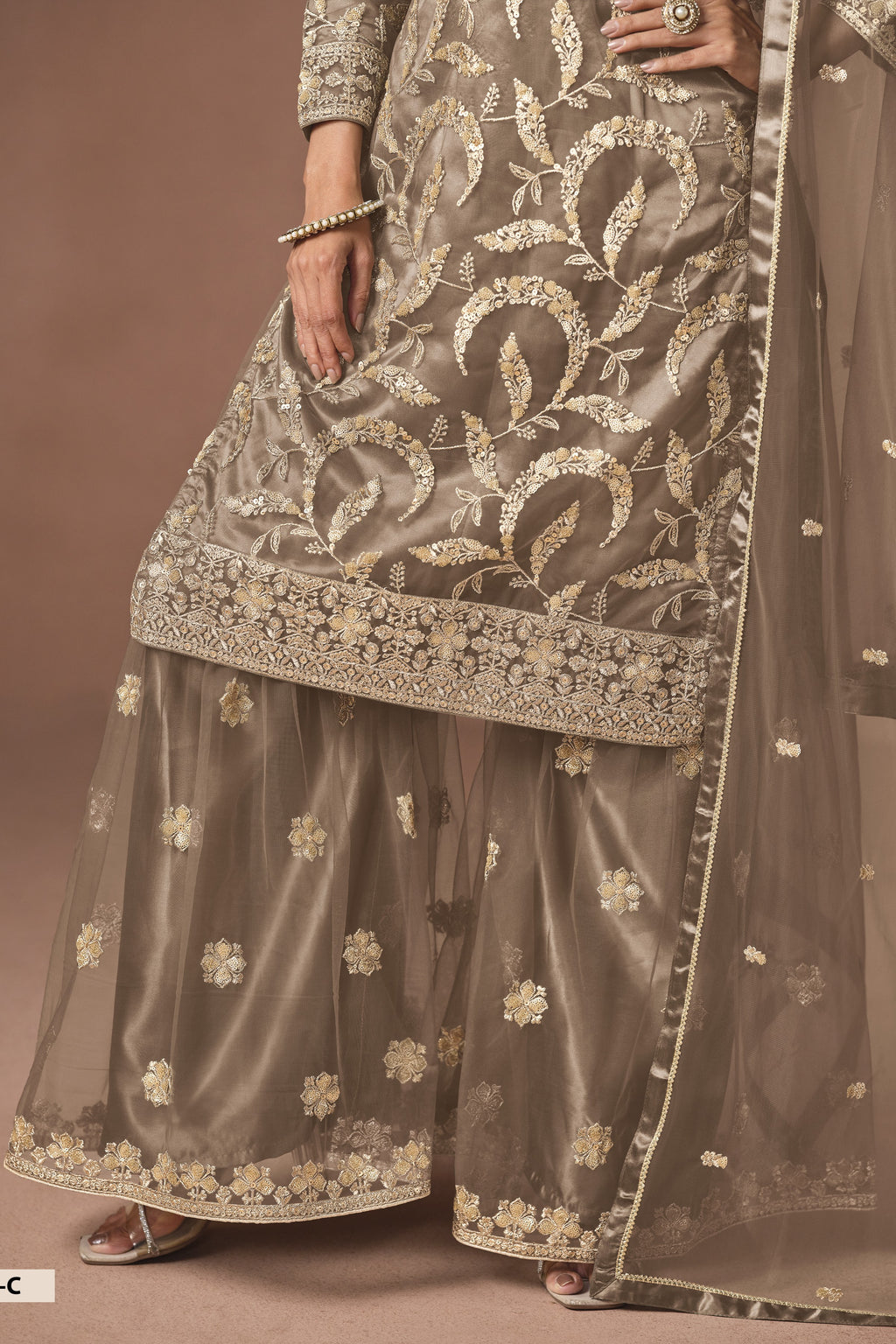 Light Brown Ladies Dress For Engagement - Sharara Suit With Embroidery
