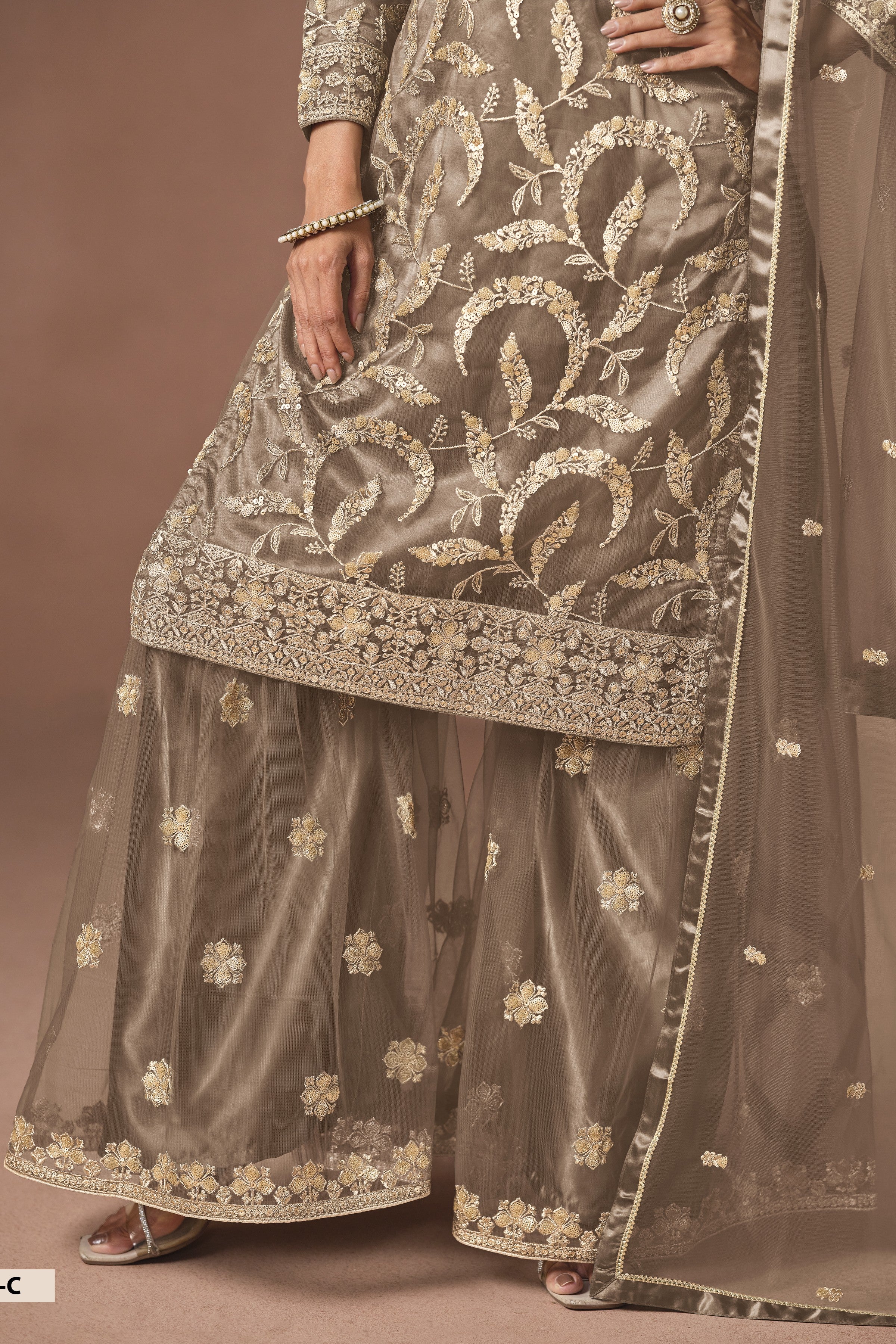 Light Brown Ladies Dress For Engagement - Sharara Suit With Embroidery