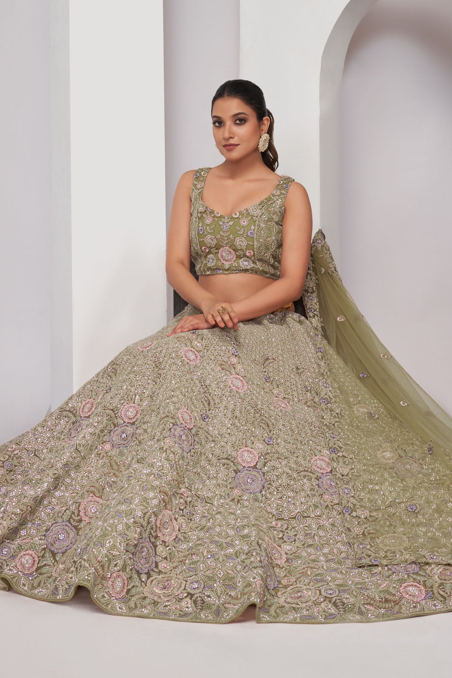 Olive Green Soft Net Lehenga Choli For Indian Festivals & Weddings - Sequins Work, Dori Work, Zarkan Work