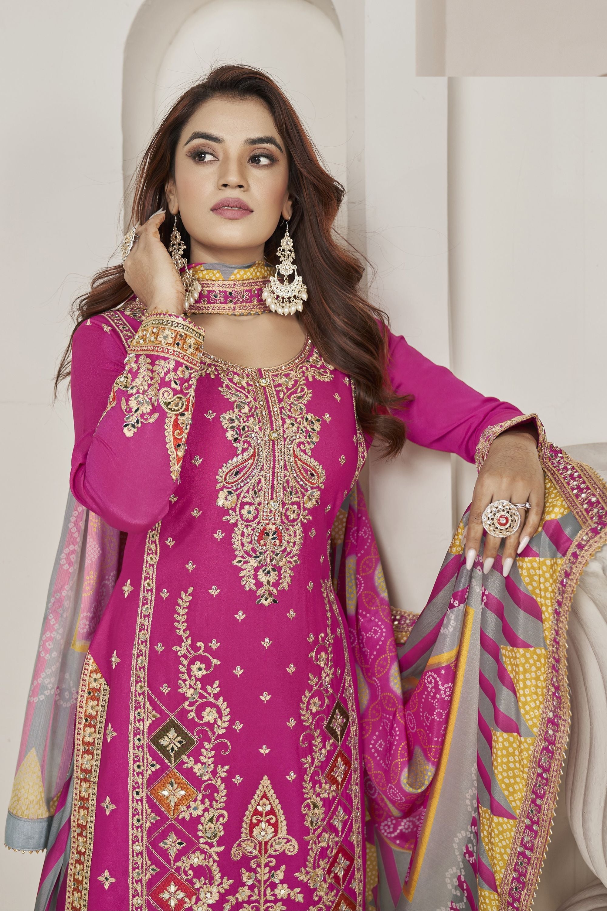 Pink Chinon Silk Salwar Kameez with Dhoti Tulip for Indian Festival & Pakistani Wedding - Sequence Embroidery Work, Dori Work, Print Work, Mirror Work