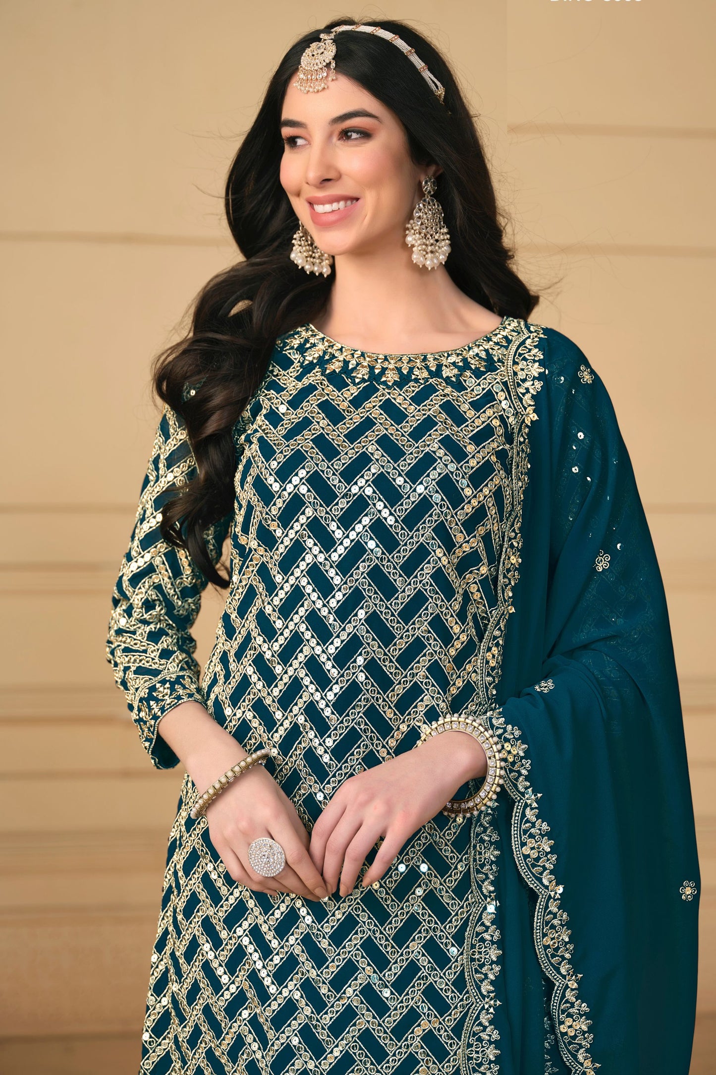 Teal Georgette Sharara Suit Dress For Indian Festivals & Weddings - Embroidery Work