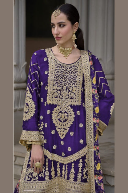 Blue Chinon Silk Kameez with Plazzo And Dupatta For Indian Suit Festivals & Pakistani Weddings - Embroidery Work