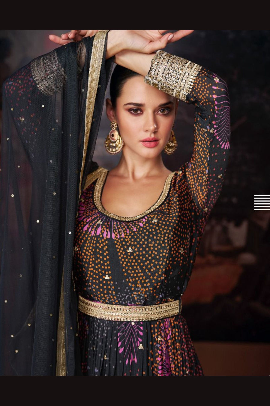 Multicolor Georgette Floor Full Length Flower Printed Anarkali Gown with Front Slit For Indian Festivals & Weddings - Embroidery Work, Print Work