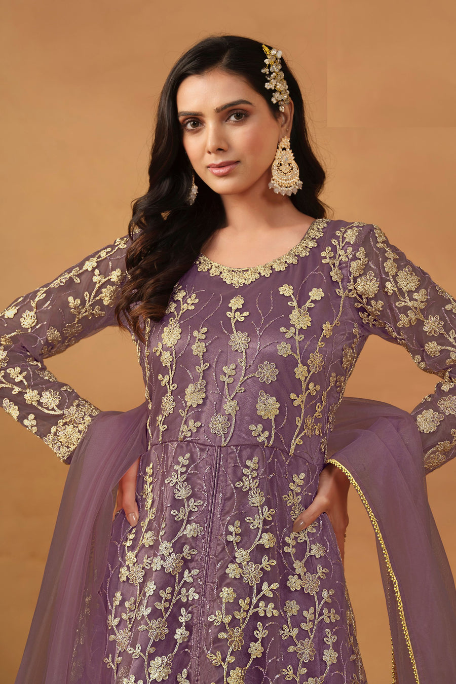 purple net dress Purple Ruffled Net Tailback Frock With Floral And Butterfly Embellishment For Girls