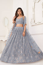 Silver Net Embroidered Lehenga Choli For Indian Festival & Weddings - Embroidery Work