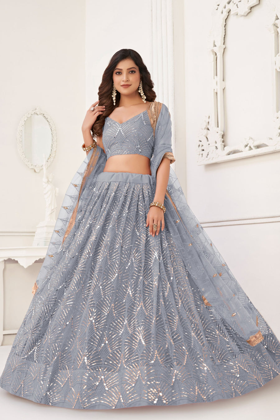Silver Net Embroidered Lehenga Choli For Indian Festival & Weddings - Embroidery Work