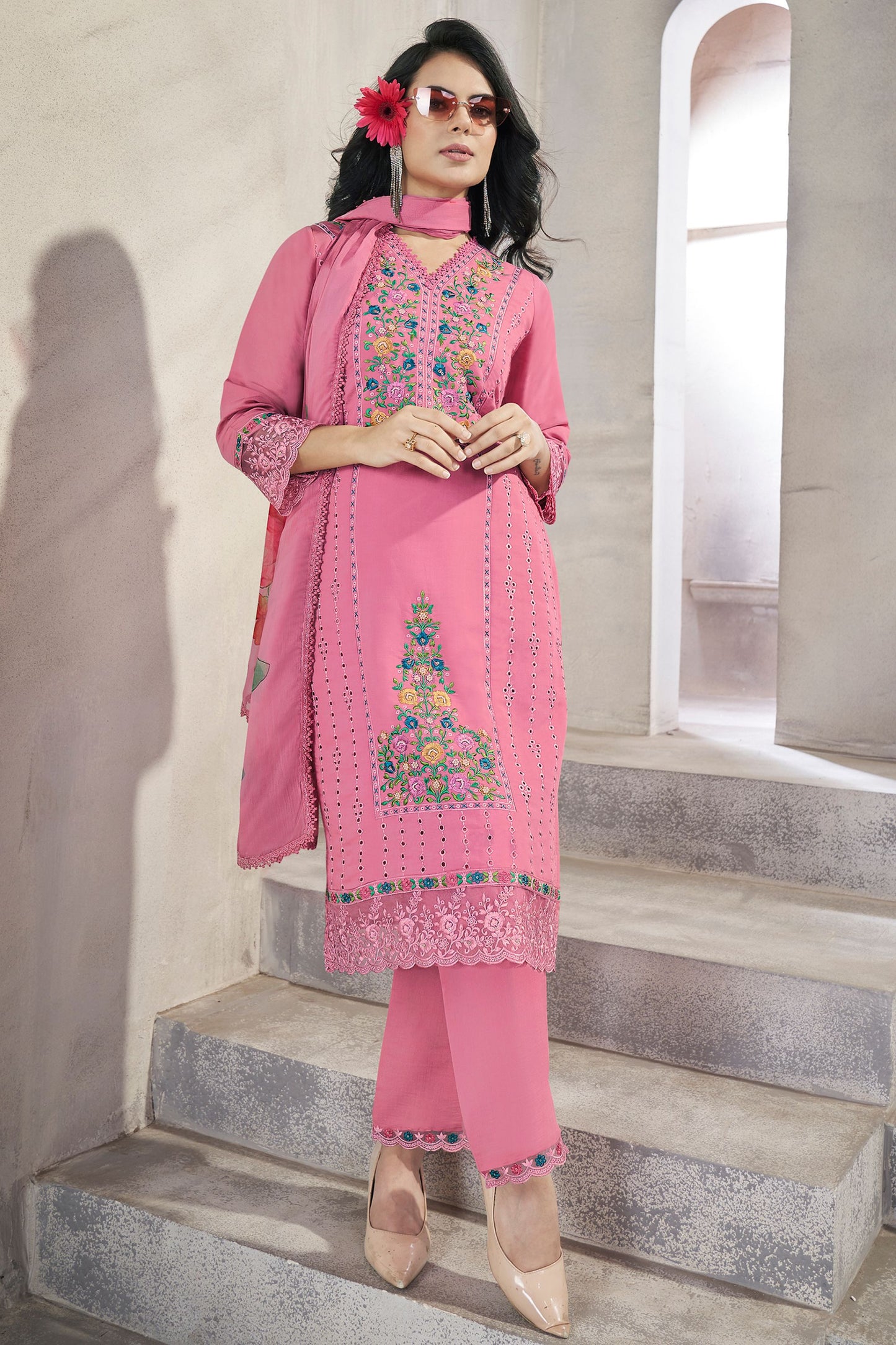 Hot Pink Viscose Silk Kameez with Pant Suit For Indian Festivals & Pakistani Weddings - Embroidery Work. Print Work