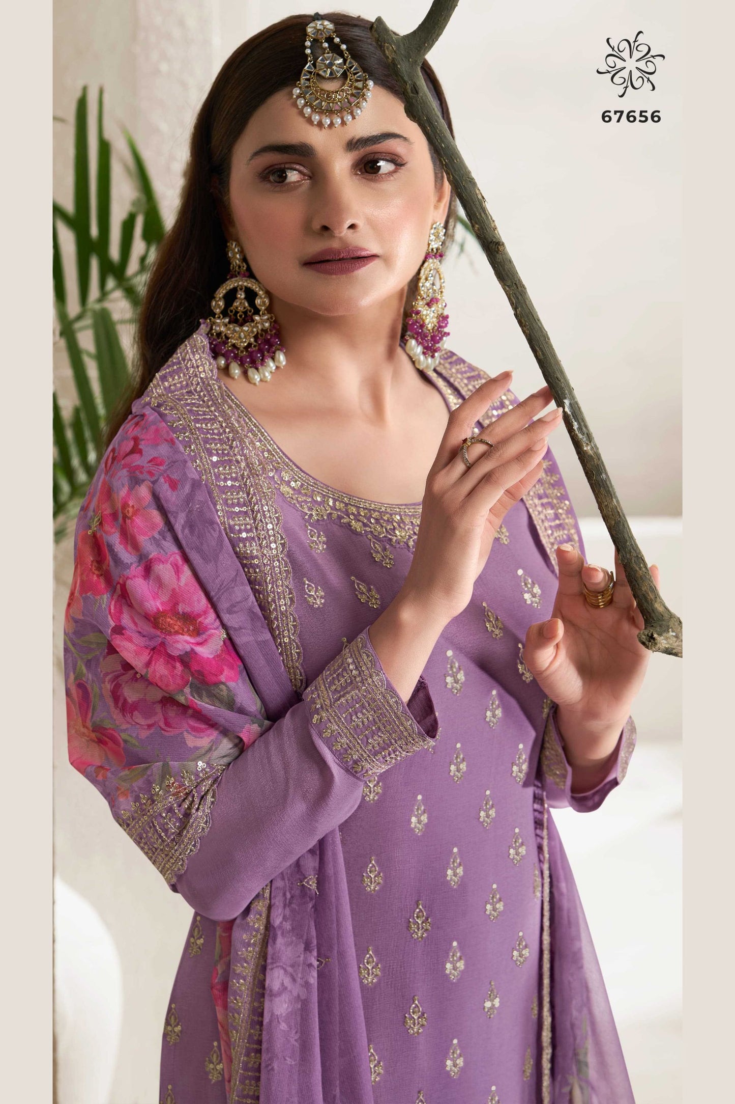 Violet Chinon Silk Palazzo Suit For Indian Festivals & Pakistani Plazo Weddings Dress - Embroidery Work, Print Work