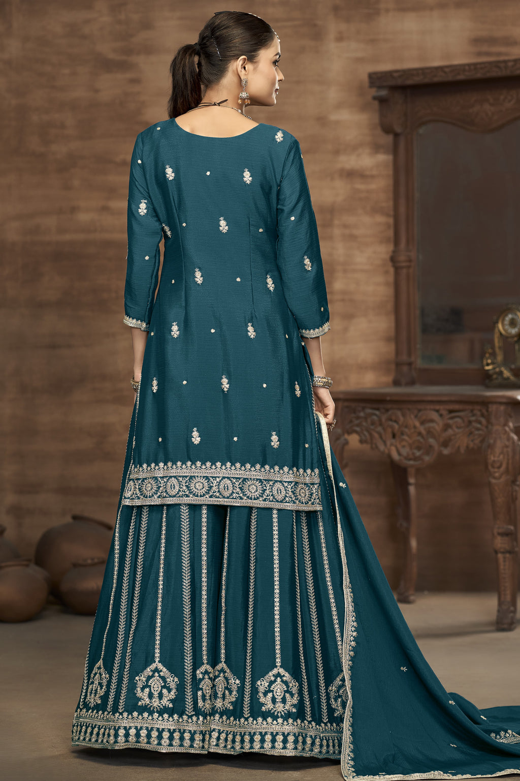 Dark Teal Chinon Silk Palazzo Suit For Indian Wedding & Pakistani Festival - Embroidery Work