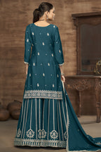 Dark Teal Chinon Silk Palazzo Suit For Indian Wedding & Pakistani Festival - Embroidery Work