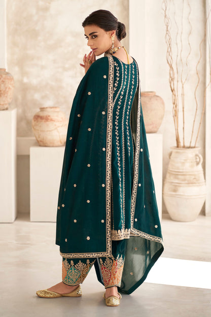 Teal Pakistani Silk Salwar Kameez with Pant For Indian Festivals & Weddings - Thread Embroidery Work