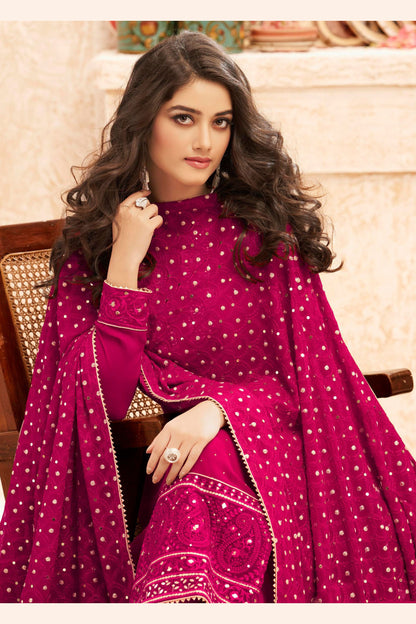 Dark Pink Georgette Kameez with Pant For Indian Suit Festivals & Weddings - Embroidery Work