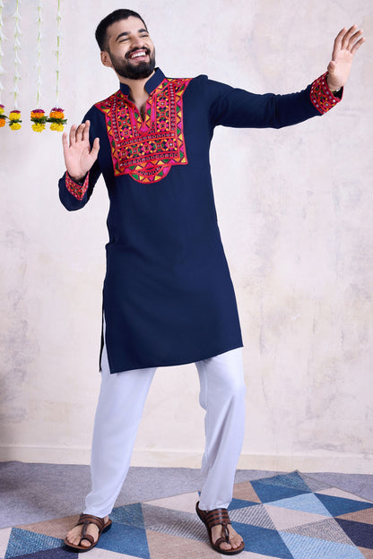 Navy Blue Rayon Kurta Pyjama for Men For Navratri Garba Festivals - Embroidery Work, Real Mirror Work