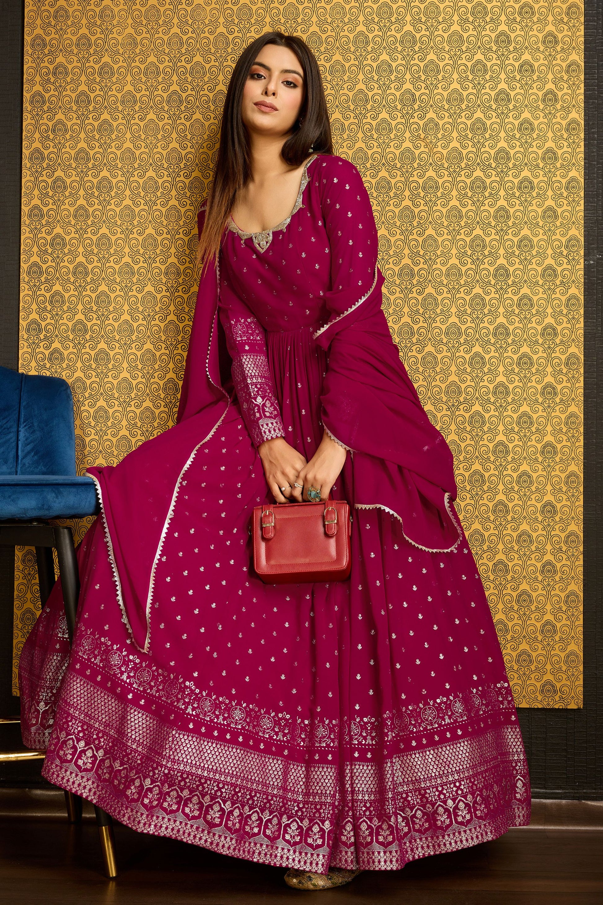 Pink Georgette Anarkali Suit For Indian Festivals & Weddings - Metallic Foil Work