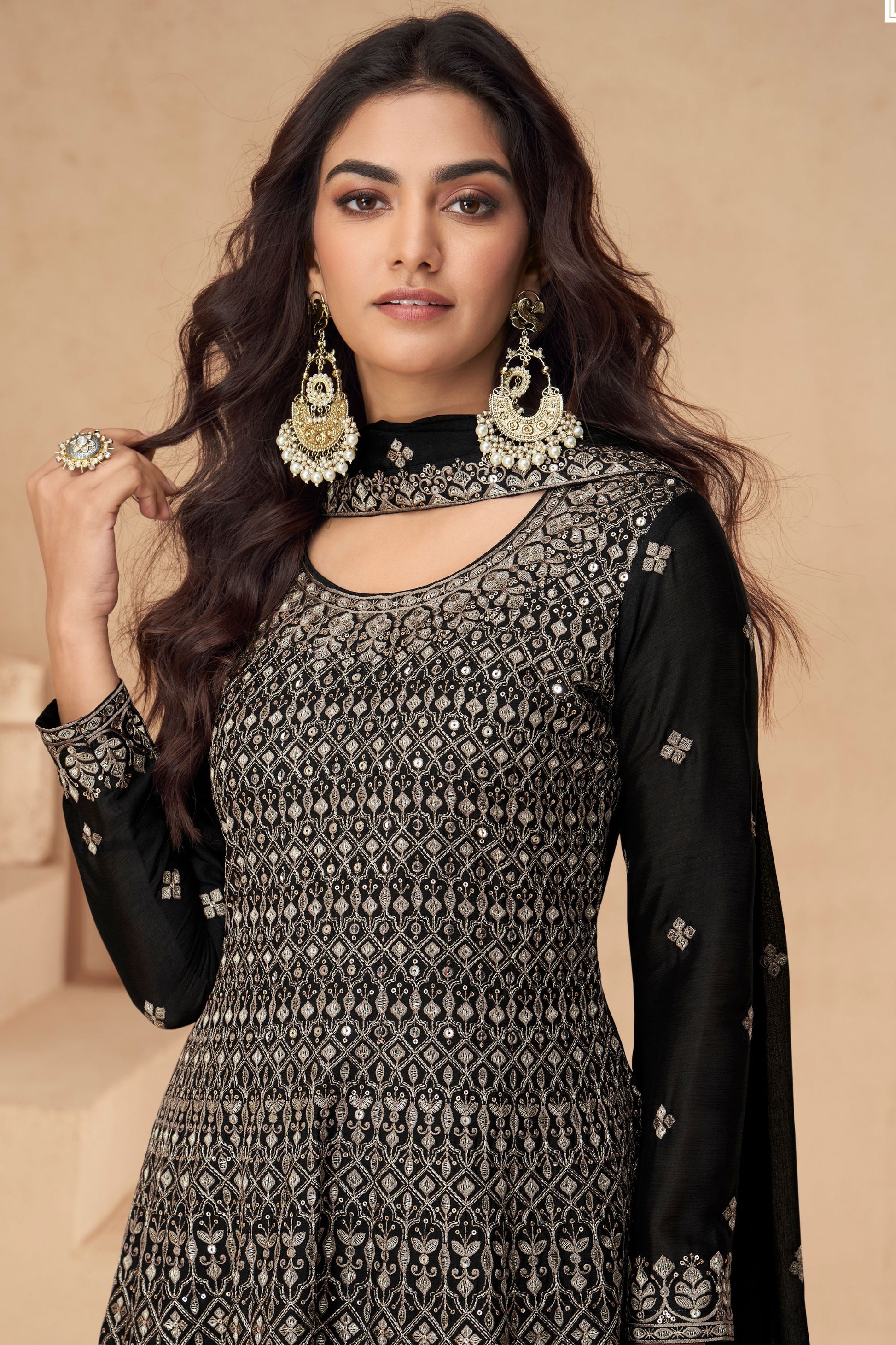 Black Chinon Silk Plazo Suit For Wedding & Festival - Embroidery Work