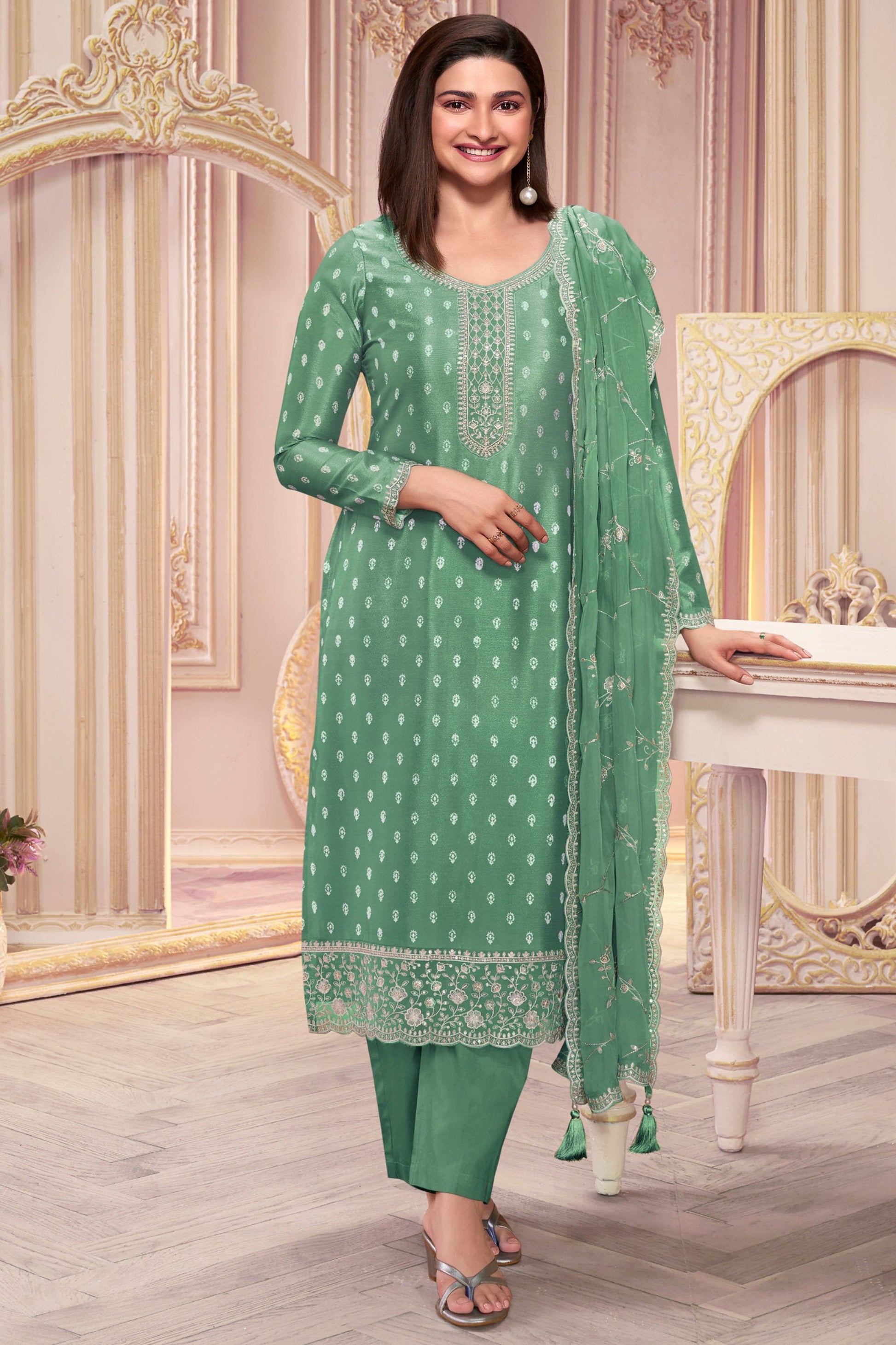 Light Green Georgette Silk Kameez with Pant For Indian Suit Festivals & Pakistani Weddings - Embroidery