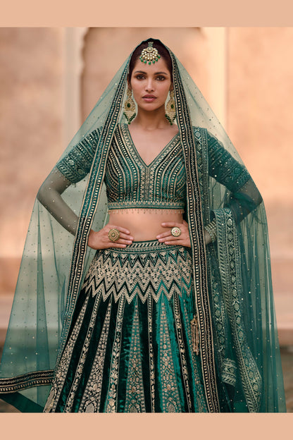 Teal Lycra Silk Lehenga Choli Handwork Blouse For Indian Festivals & Weddings - Embroidery Work, Handwork