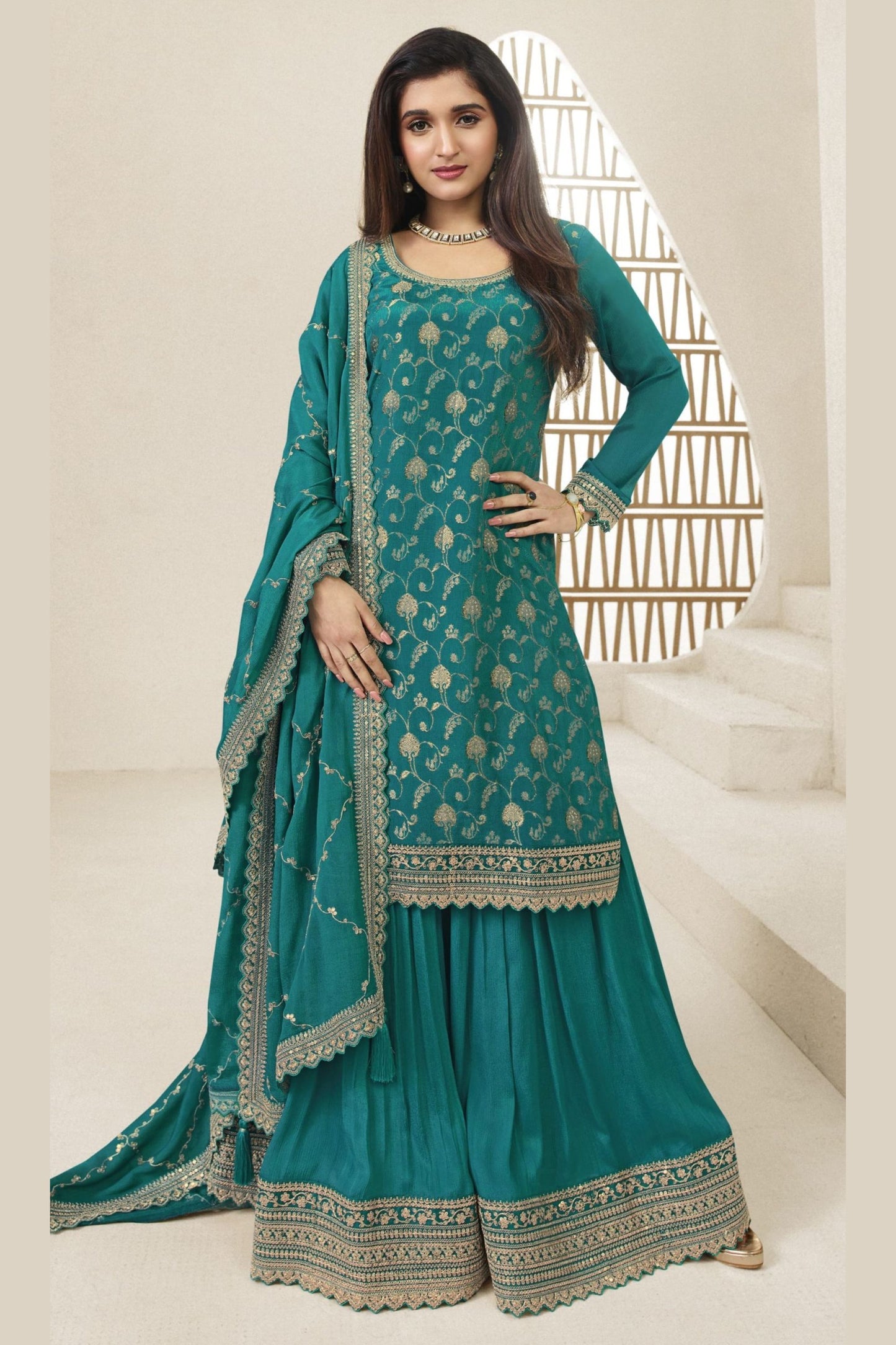 Turquoise Jacquard Silk Palazzo Suit For Indian Festivals & Pakistani Plazo Weddings Dress - Embroidery Work