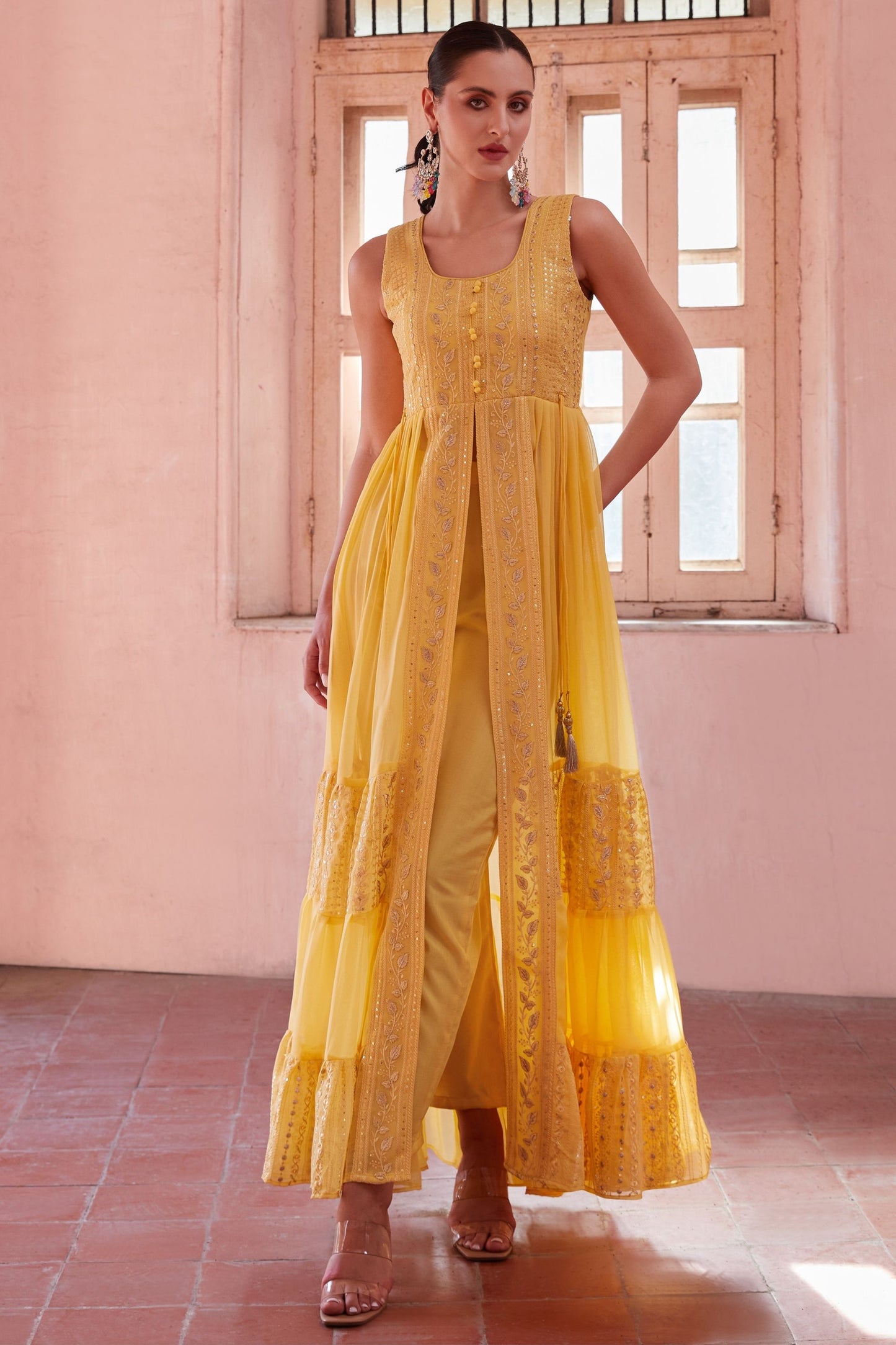 Yellow Georgette Long Anarkali with Front Slit and Pant For Indian Festivals & Weddings - Thread & Sequence Embroidery Work, Zari Work