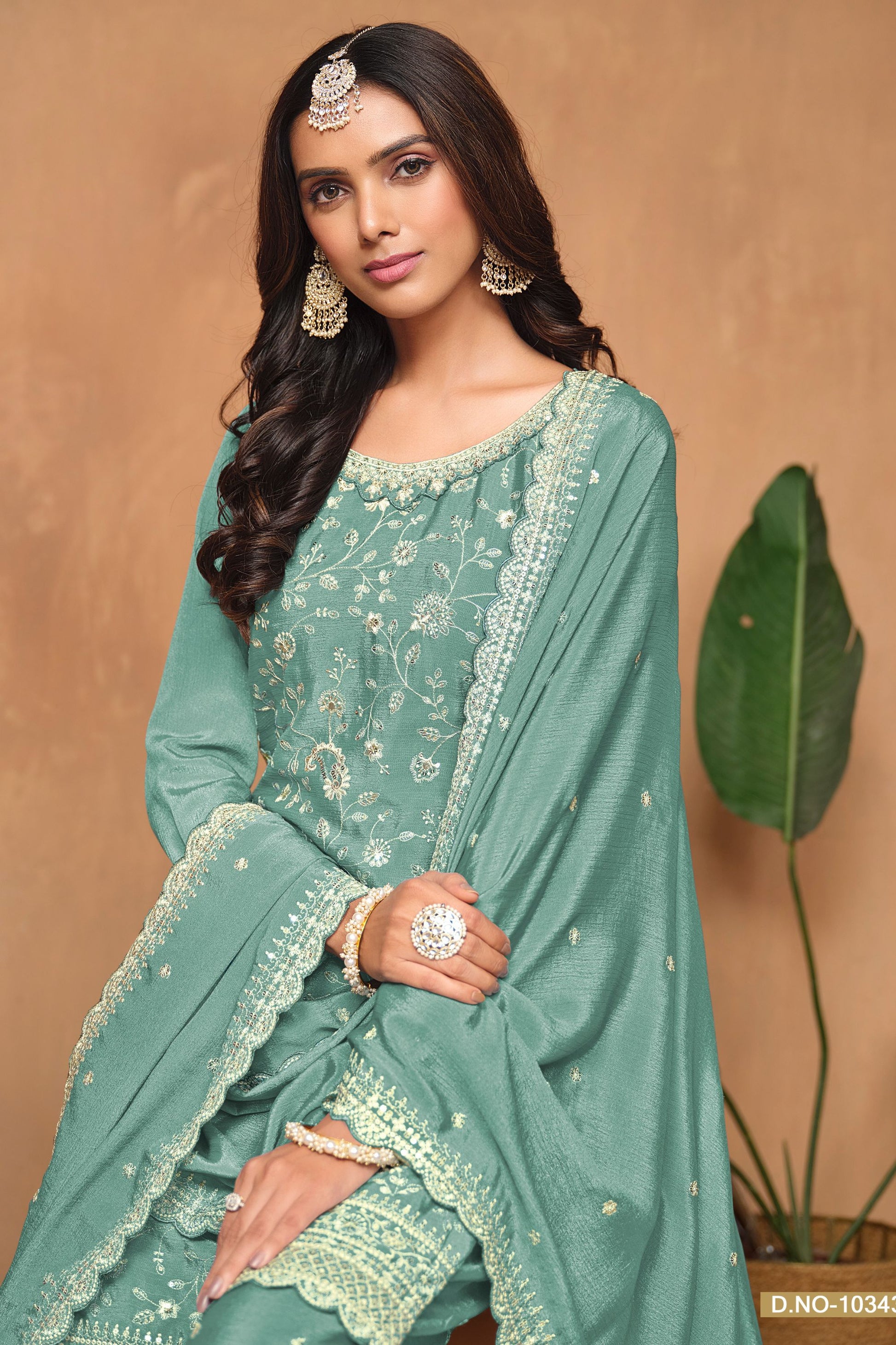 Turquoise Chinon Silk Palazzo Suit For Indian Festivals & Weddings - Embroidery Work